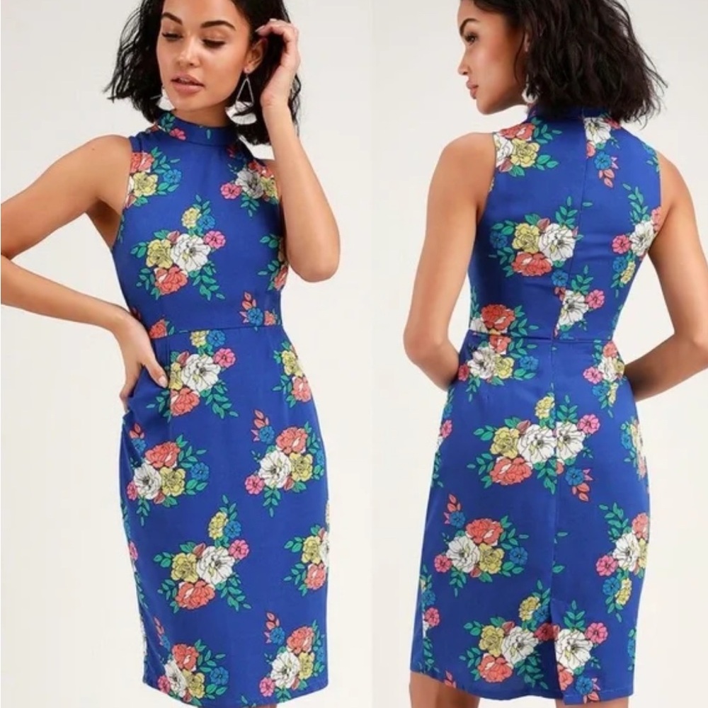 Lulus Carriage Tour Royal Blue Floral Print Sleeveless Dress Sheath